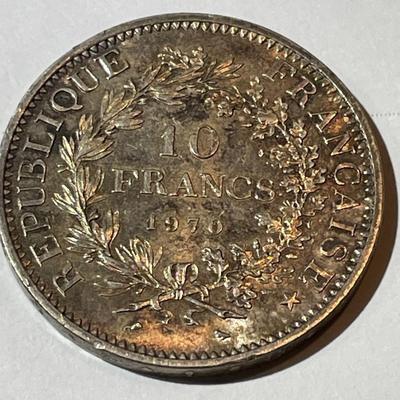 France 1970 Uncirculated Condition Toned "Hercules" Large 10-Francs Silver Coin as Pictured.
