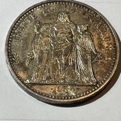 France 1970 Uncirculated Condition Toned "Hercules" Large 10-Francs Silver Coin as Pictured.