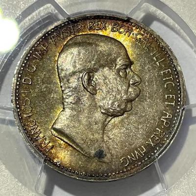 PCGS CERTIFIED AUSTRIA 1908 MS64 Corona Km-2808 60th Anniversary Gorgeous Toned Silver Coin.