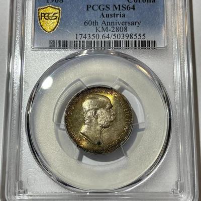 PCGS CERTIFIED AUSTRIA 1908 MS64 Corona Km-2808 60th Anniversary Gorgeous Toned Silver Coin.