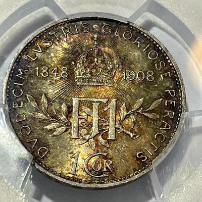 PCGS CERTIFIED AUSTRIA 1908 MS64 Corona Km-2808 60th Anniversary Gorgeous Toned Silver Coin.