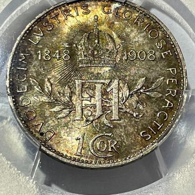 PCGS CERTIFIED AUSTRIA 1908 MS65 CORONA KM-2808 60TH ANNIVERSARY GORGEOUS TONED SILVER COIN.