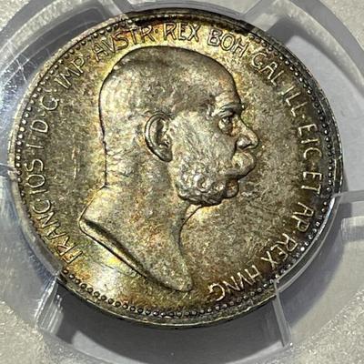 PCGS CERTIFIED AUSTRIA 1908 MS65 CORONA KM-2808 60TH ANNIVERSARY GORGEOUS TONED SILVER COIN.