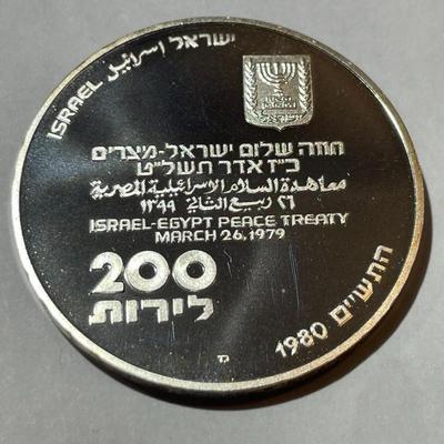 1980 ISRAEL & EGYPT Peace Treaty .900 Silver Proof 200 Lirot Coin as Pictured.