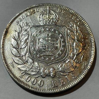 Brazil 1889 Circulated Condition Cleaned 2000 Reis ,917 Silver Coin as Pictured.