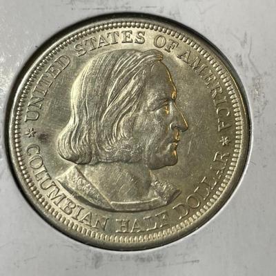COLUMBIAN EXPOSITION 1892 AU CONDITION COMMEMORATIVE SILVER HALF DOLLAR COIN AS PICTURED.