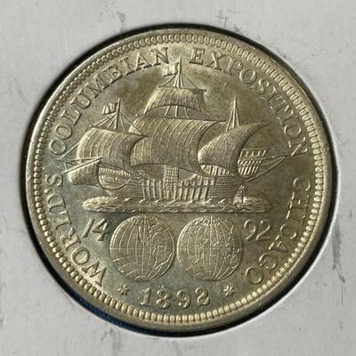 COLUMBIAN EXPOSITION 1892 AU CONDITION COMMEMORATIVE SILVER HALF DOLLAR COIN AS PICTURED.