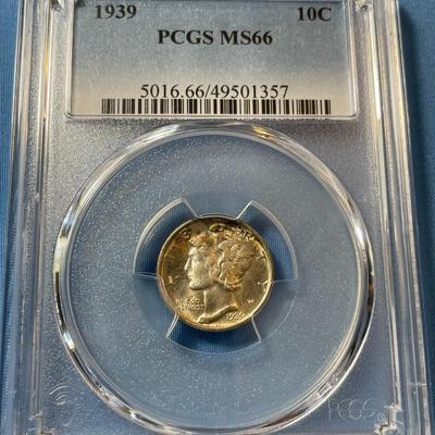 PCGS CERTIFIED 1939-P MS66 MERCURY SILVER DIME AS PICTURED. (COIN #1357)