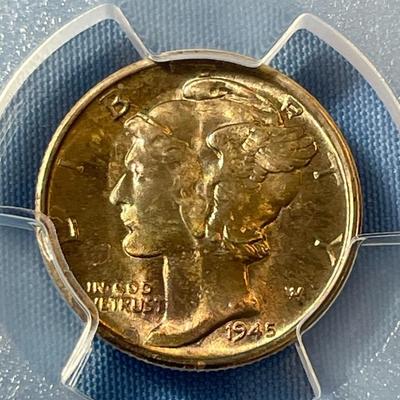 PCGS CERTIFIED 1945-S MS66 MERCURY SILVER DIME AS PICTURED. (COIN #1351).