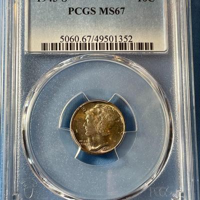 PCGS CERTIFIED 1945-S MS67 MERCURY SILVER DIME AS PICTURED. (COIN #1352).