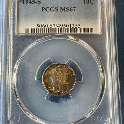 PCGS CERTIFIED 1945-S MS67 MERCURY SILVER DIME AS PICTURED. (COIN #1355).