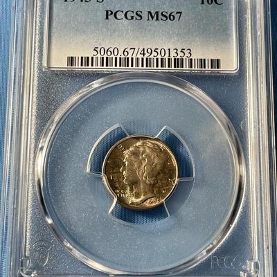 PCGS CERTIFIED 1945-S MS67 MERCURY SILVER DIME AS PICTURED. (COIN #1353).