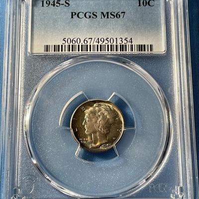 PCGS CERTIFIED 1945-S MS67 MERCURY SILVER DIME AS PICTURED. (COIN #1354).