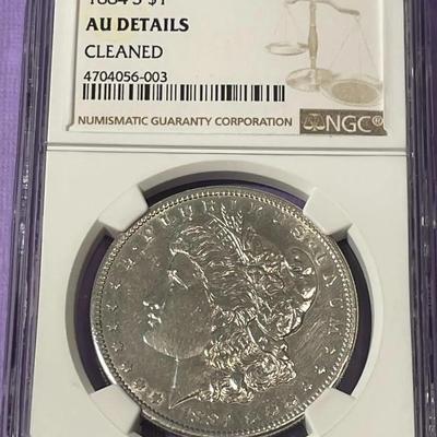 NGC CERTIFIED 1884-S AU DETAILS/CLEANED MORGAN SILVER DOLLAR AS PICTURED. (Coin #003).