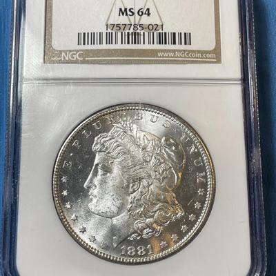 NGC CERTIFIED 1881-S MS64 GRADED MORGAN SILVER DOLLAR AS PICTURED. (COIN #021).