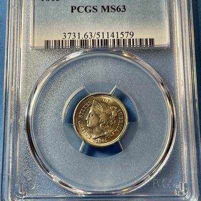 PCGS CERTIFIED 1865 MS63 THREE CENT NICKEL TYPE COIN UNDERGRADED AS PICTURED.