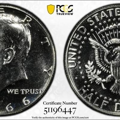 PCGS Rare Certified 1966 "No-Fg" Sp-64 SMS FS-901 Kennedy Silver Half Dollar as Pictured.
