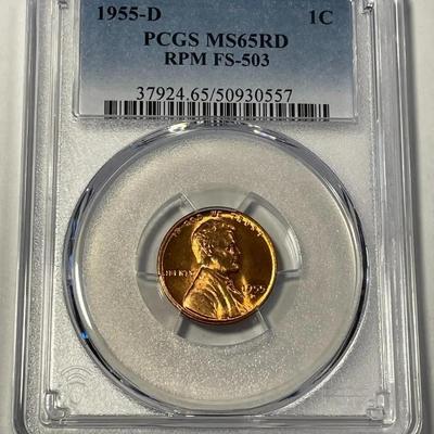 PCGS CERTIFIED 1955-P MS65 RED RPM Top-100 FS-503 Lincoln Cent Freshly Graded.