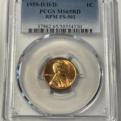 PCGS Certified Scarce 1959-D/D/D MS65 Red RPM FS-501 Lincoln Cent as Pictured.