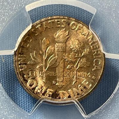 PCGS CERTIFIED 1949-D MS67 TONED FULL BANDS ROOSEVELT SILVER DIME AS PICTURED.