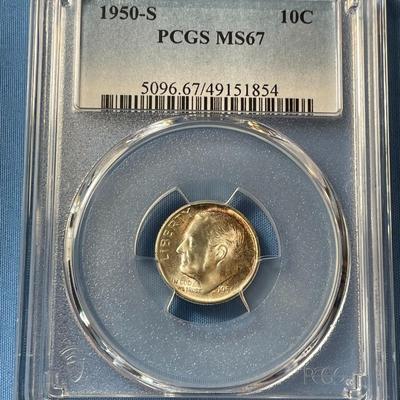 PCGS CERTIFIED 1950-S MS67 TONED ROOSEVELT SILVER DIME AS PICTURED.