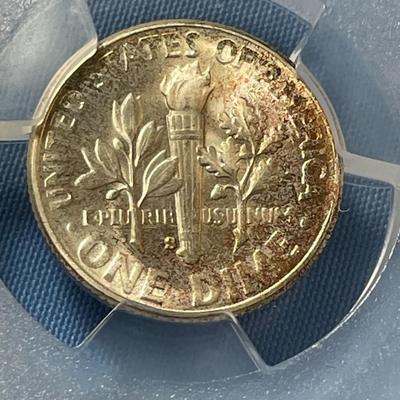 PCGS CERTIFIED 1950-S MS67 TONED ROOSEVELT SILVER DIME AS PICTURED.
