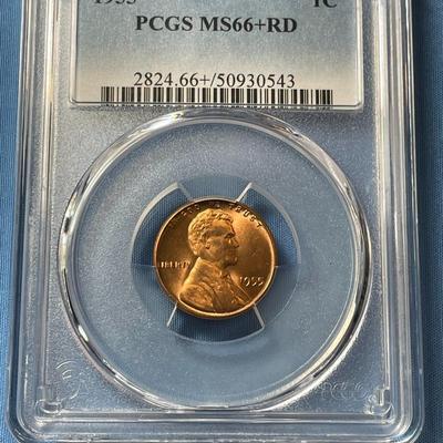 PCGS CERTIFIED 1955-P MS66+ RED GRADED LINCOLN CENT AS PICTURED.