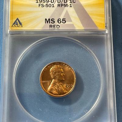 ANACS CERTIFIED 1959-D/D/D MS65 RED FS-501 RPM-1 LINCOLN CENT AS PICTURED.