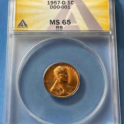 ANACS CERTIFIED 1957-D MS65 RED/BROWN DDO-001 LINCOLN CENT AS PICTURED.