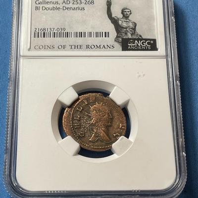 NGC CERTIFIED ROMAN EMPIRE GALLIENUS 253-268AD BI DOUBLE-DENATIUS GENUINE COIN AS PICTURED. (COIN #242).