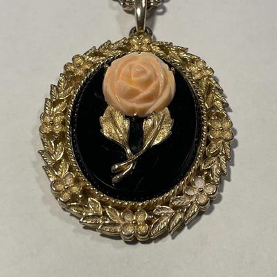 Vintage Mid-Century Preowned Avon Reversable Onyx/Mirror/Faux Coral Fashion Necklace on a 32" Gold-tone Chain in Very Good Condition...