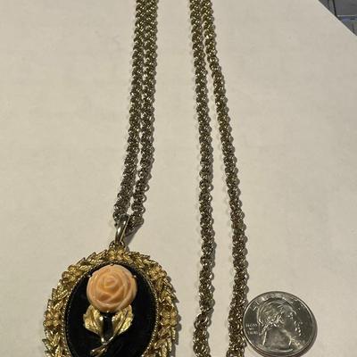 Vintage Mid-Century Preowned Avon Reversable Onyx/Mirror/Faux Coral Fashion Necklace on a 32" Gold-tone Chain in Very Good Condition...