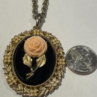 Vintage Mid-Century Preowned Avon Reversable Onyx/Mirror/Faux Coral Fashion Necklace on a 32" Gold-tone Chain in Very Good Condition...