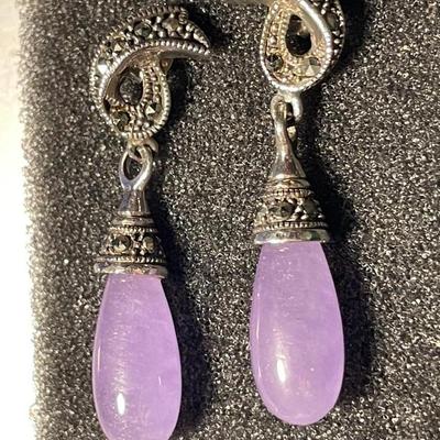 Vintage Scarce Chinese Export Lavender Jadeite Sterling Silver Marcasite Dangling Earrings in VG Preowned Condition.