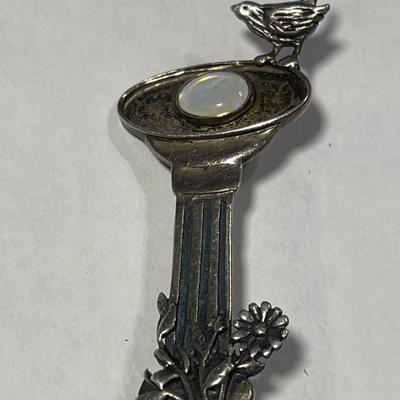 Vintage Scarce Sterling Silver Bird Bath Pin 2" Tall with Opalescence Stone in Good Preowned Condition.