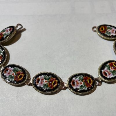 Vintage Micro Mosaic Bracelet, Multicolor Floral Micro Mosaic 7.5" Bracelet in Good Preowned Condition.