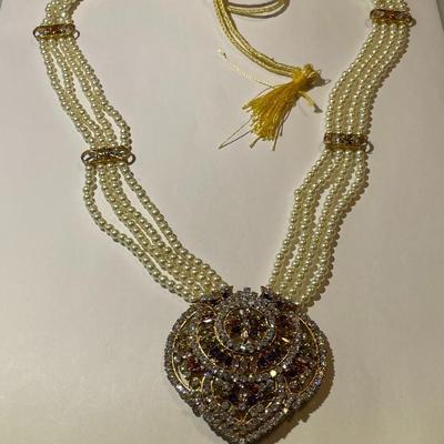 Vintage Indian Wedding Bridal Gold Plated Faux Pearl & Colored Stone Necklace 22"+ Plus & Adjustable in Good Preowned...