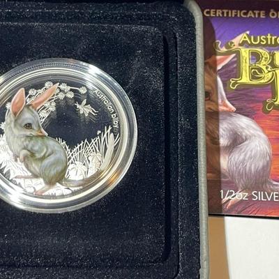 Australian Bush Babies BILBYE 2011 Proof Colorized 1/2 Ounce .999 Fine Silver Coin Limited to 10,000 as Pictured.