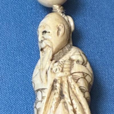 Scarce Asian 19th Century 36" Carved Bone Necklace and believed to be "Shou Lao God of Longevity" Netsuke Figure on a...