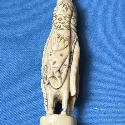 Scarce Asian 19th Century 36" Carved Bone Necklace and believed to be "Shou Lao God of Longevity" Netsuke Figure on a...