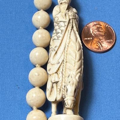 Scarce Asian 19th Century 36" Carved Bone Necklace and believed to be "Shou Lao God of Longevity" Netsuke Figure on a...