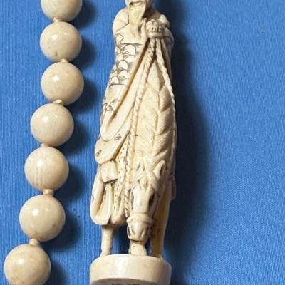 Scarce Asian 19th Century 36" Carved Bone Necklace and believed to be "Shou Lao God of Longevity" Netsuke Figure on a...