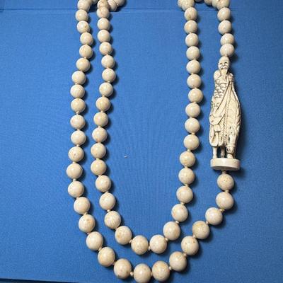 Scarce Asian 19th Century 36" Carved Bone Necklace and believed to be "Shou Lao God of Longevity" Netsuke Figure on a...