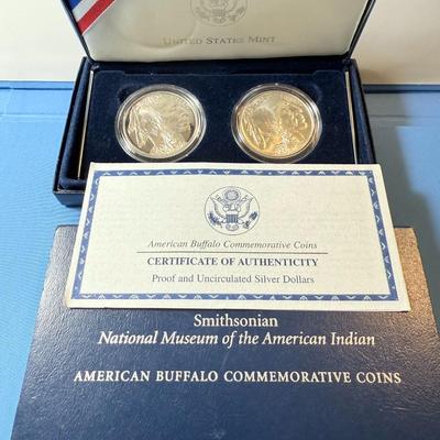 2001 Smithsonian American Buffalo 2-Coin Proof & UNC Silver Dollar $1 Set in Original Packaging w/Paper.