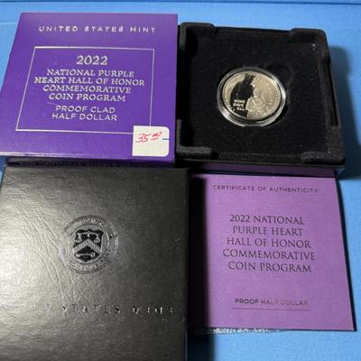 2022-S National Purple Heart Hall of Honor PROOF Half Dollar Coin Box and COA as Pictured.
