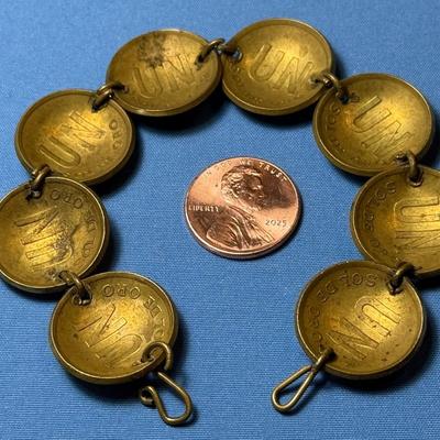 Vintage Peruvian Brass Coin Bracelet 7" from the 1970s in Good Preowned Condition as Pic'd.