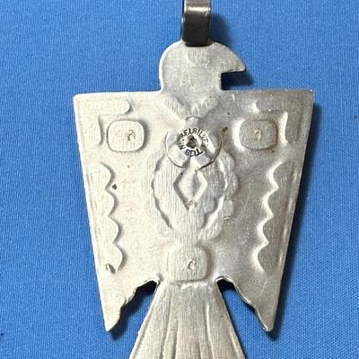 Vintage Mid-Century Nickel/Silver BELL TRADING POST Thunderbird Pendant 3" Tall w/Turquoise Accents as Pictured.