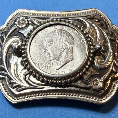 Vintage Mid-Century White-Metal Eisenhower Dollar Belt Buckle in Good Preowned Condition as Pictured.