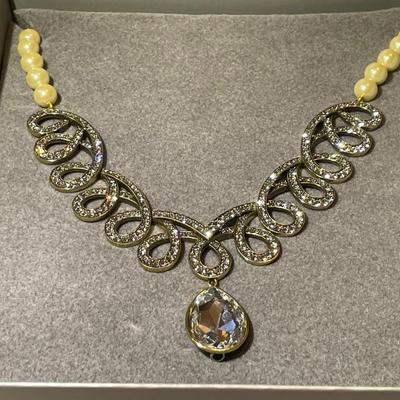 HSN's Heidi Daus Designer Clear Diamond Swarovski Crystal Swirl Statement Adjustable Necklace with Ivory Color Faux Pearls NIB as...