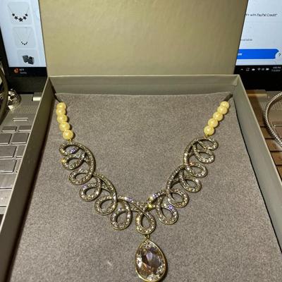HSN's Heidi Daus Designer Clear Diamond Swarovski Crystal Swirl Statement Adjustable Necklace with Ivory Color Faux Pearls NIB as...
